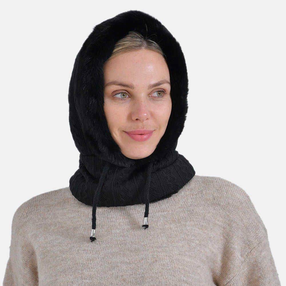 3-in-1 Cosy Warm Plush Faux Fur Sherpa Lined Winter Hat Scarf - Black