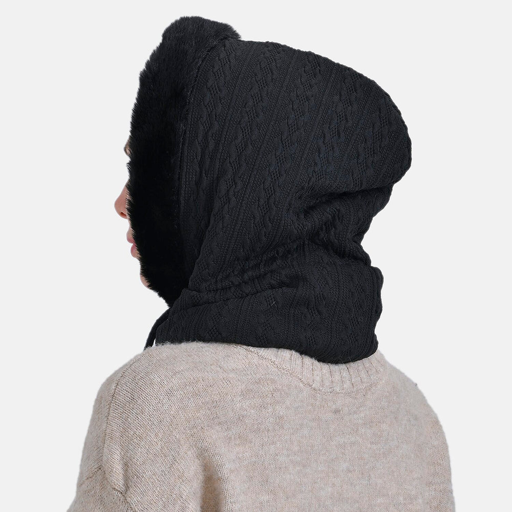 3-in-1 Cosy Warm Plush Faux Fur Sherpa Lined Winter Hat Scarf - Black