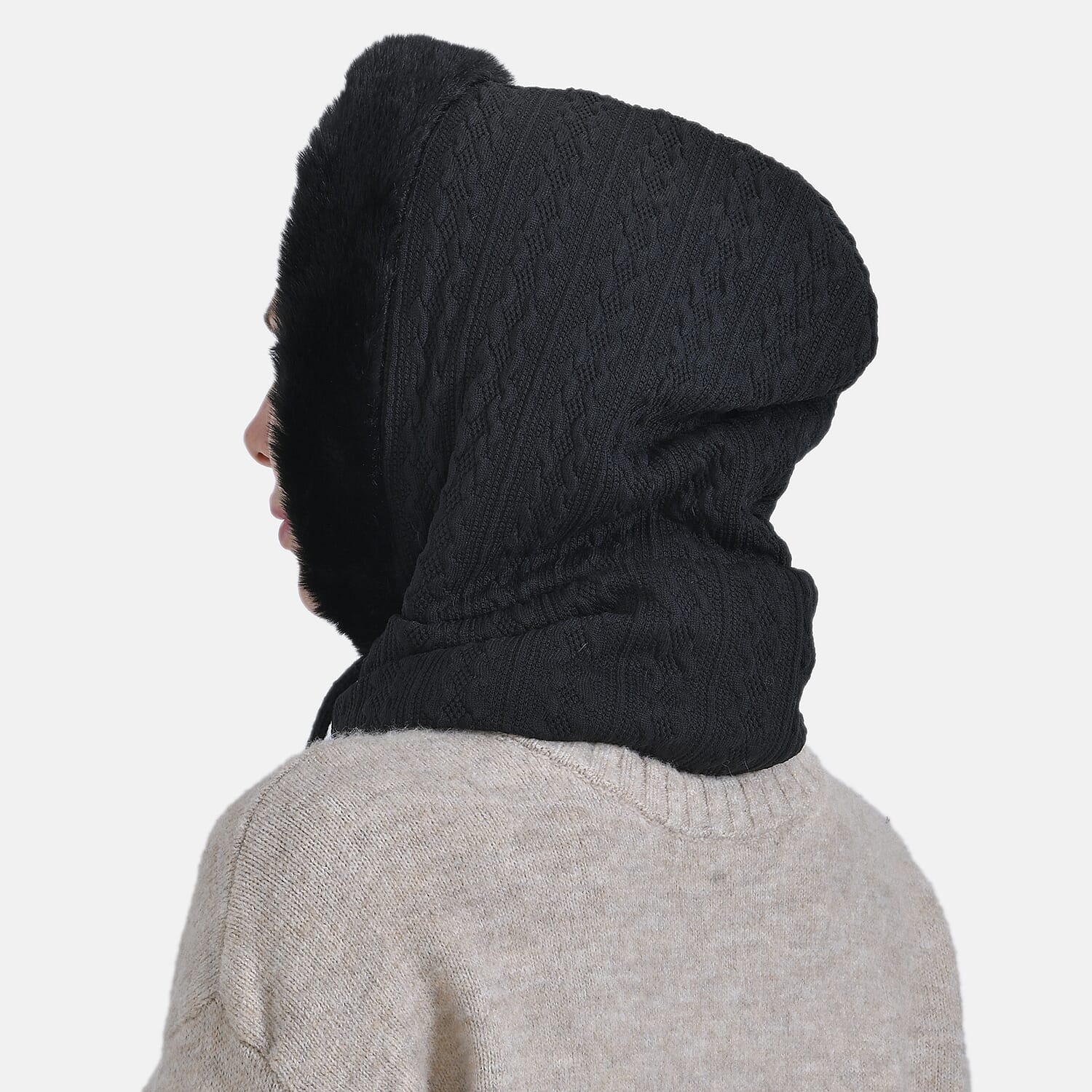 3-in-1 Cosy Warm Plush Faux Fur Sherpa Lined Winter Hat Scarf - Black