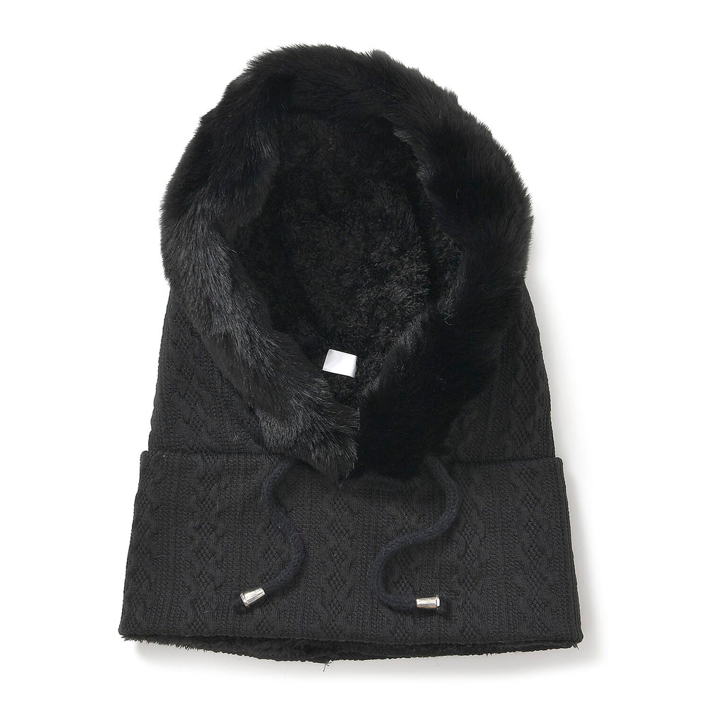 3-in-1 Cosy Warm Plush Faux Fur Sherpa Lined Winter Hat Scarf - Black