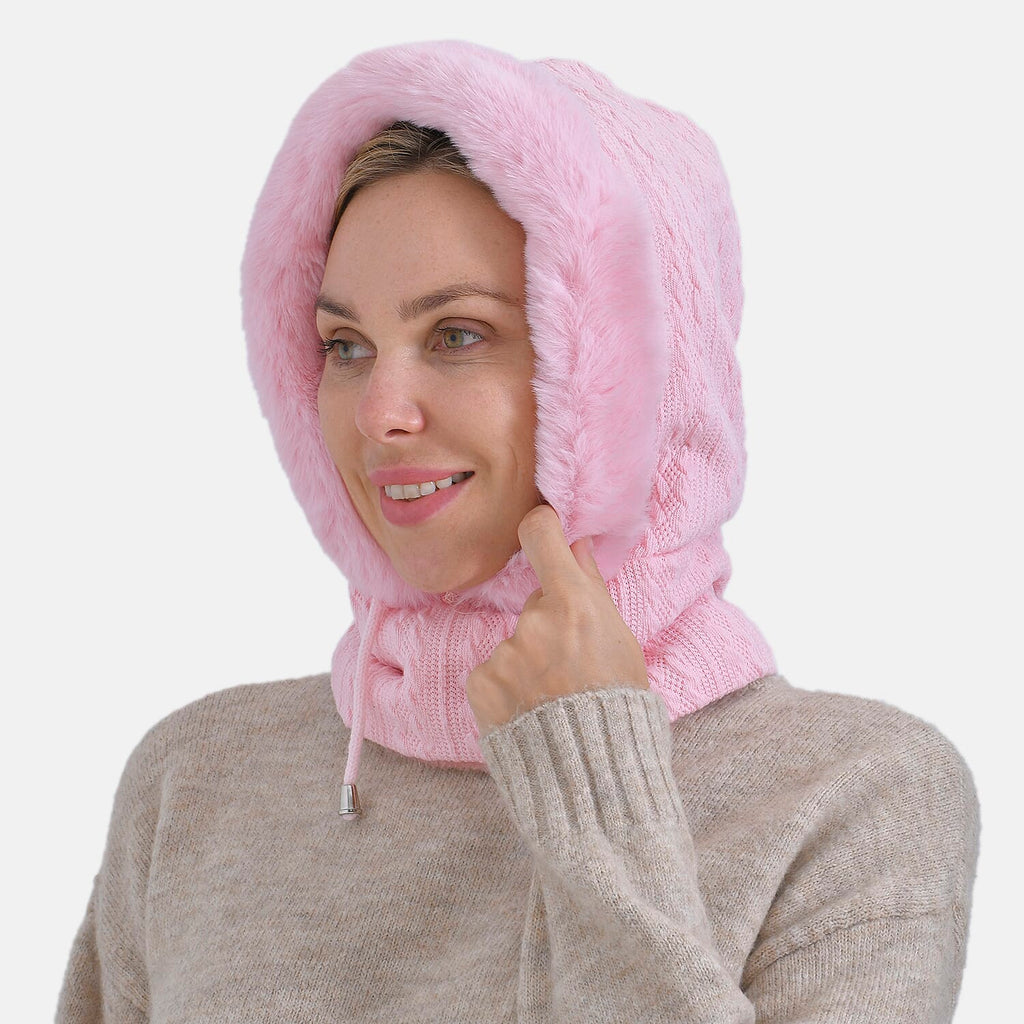 3-in-1 Cosy Warm Plush Faux Fur Sherpa Lined Winter Hat Scarf - Pink