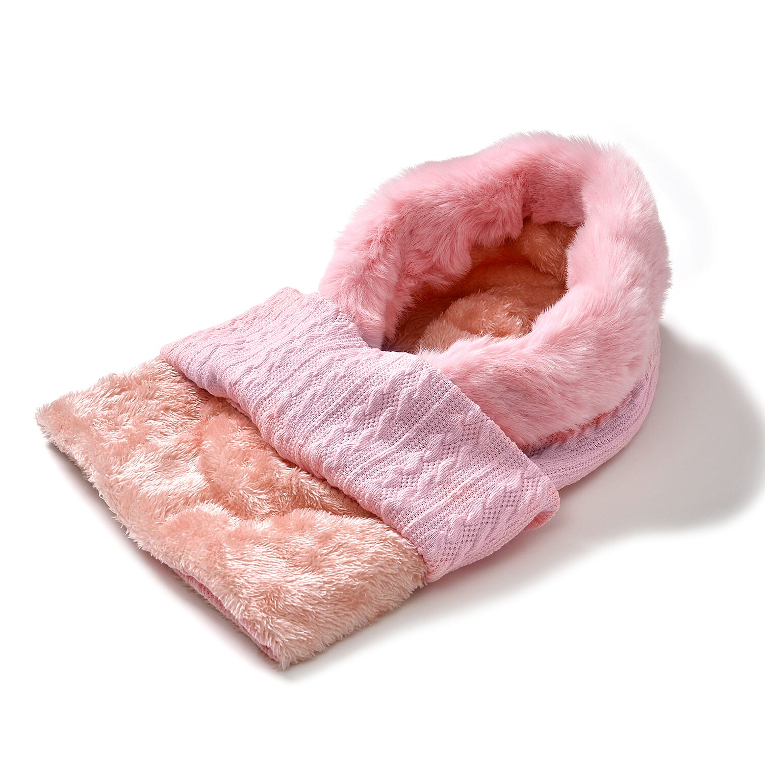 3-in-1 Cosy Warm Plush Faux Fur Sherpa Lined Winter Hat Scarf - Pink