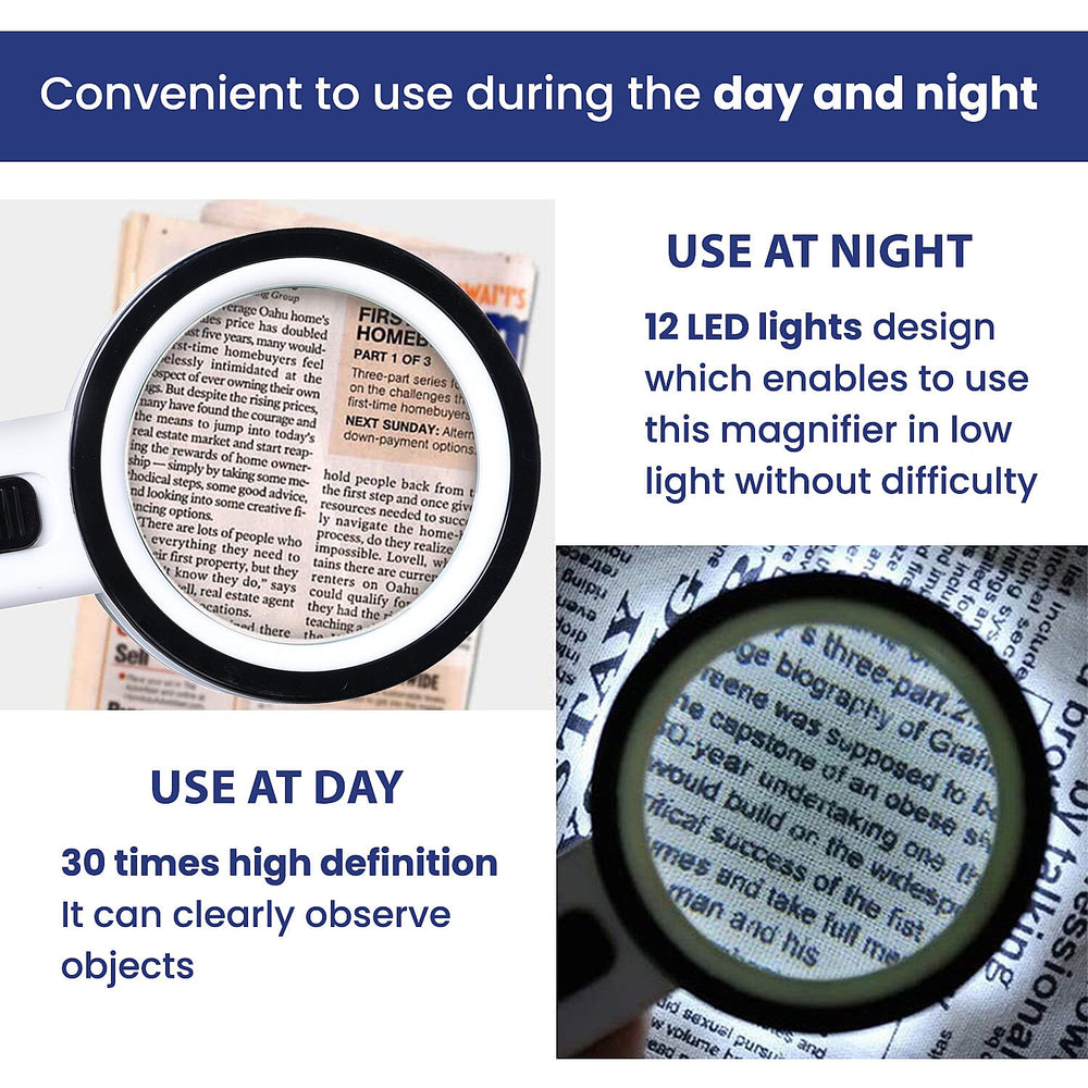 30x Handheld Large Magnifying Glass with 12 LED Illuminated Lighted Magnifier (Requires 2 AA batteries, Not included)