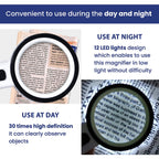 30x Handheld Large Magnifying Glass with 12 LED Illuminated Lighted Magnifier (Requires 2 AA batteries, Not included)