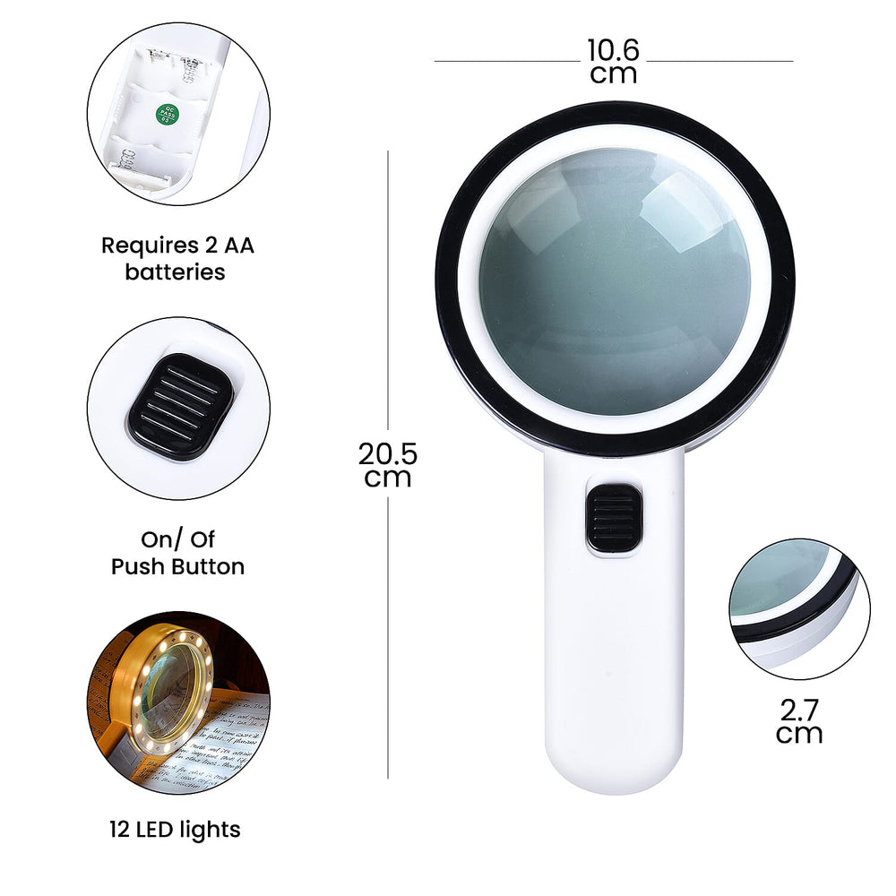 30x Handheld Large Magnifying Glass with 12 LED Illuminated Lighted Magnifier (Requires 2 AA batteries, Not included)