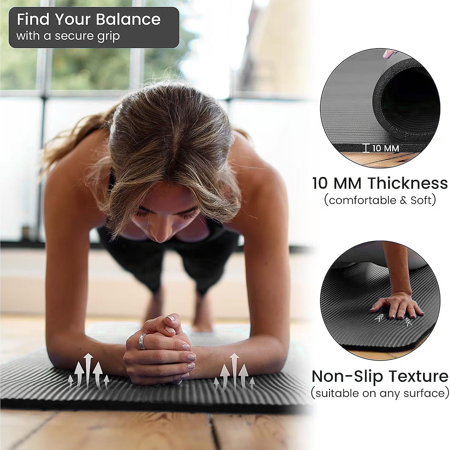 Soul Smart NBR Yoga Mat Non Slip Exercise - Pilates Mat with Carrying Strap (Size 188x61 cm) - Black