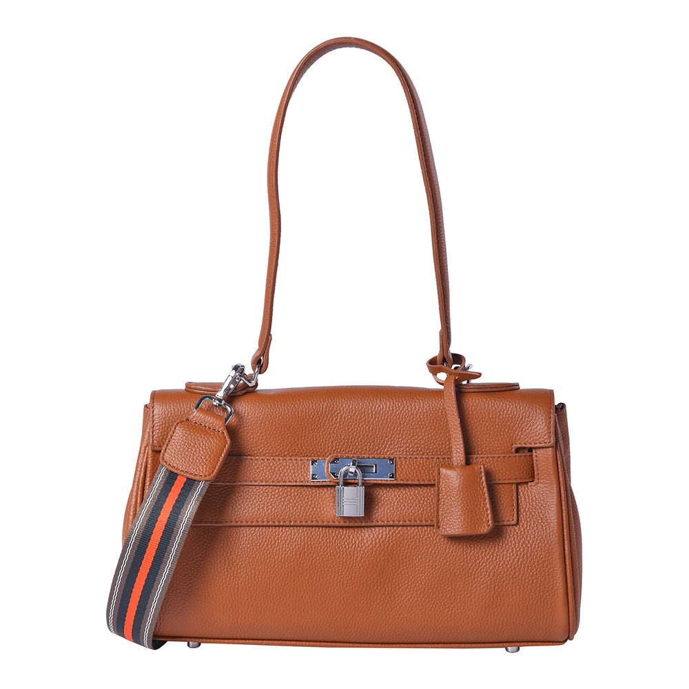 100% Genuine Leather Tote Bag with Stripe Pattern Shoulder Strap -  Brown_3697640