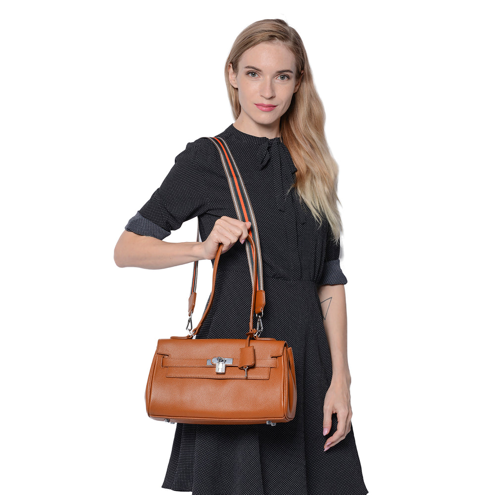 100% Genuine Leather Tote Bag with Stripe Pattern Shoulder Strap -  Brown_3697640_1