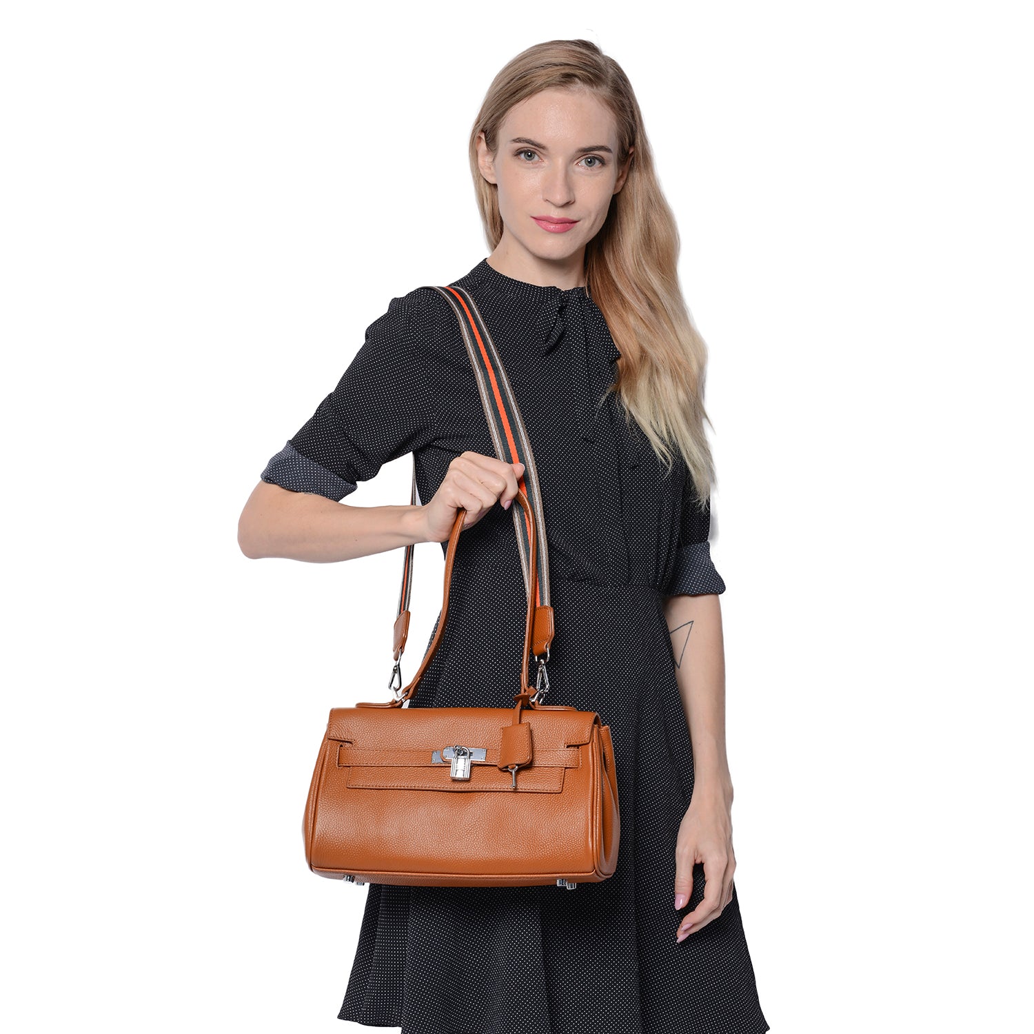100% Genuine Leather Tote Bag with Stripe Pattern Shoulder Strap -  Brown_3697640_1