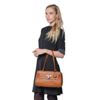 100% Genuine Leather Tote Bag with Stripe Pattern Shoulder Strap -  Brown_3697640_2