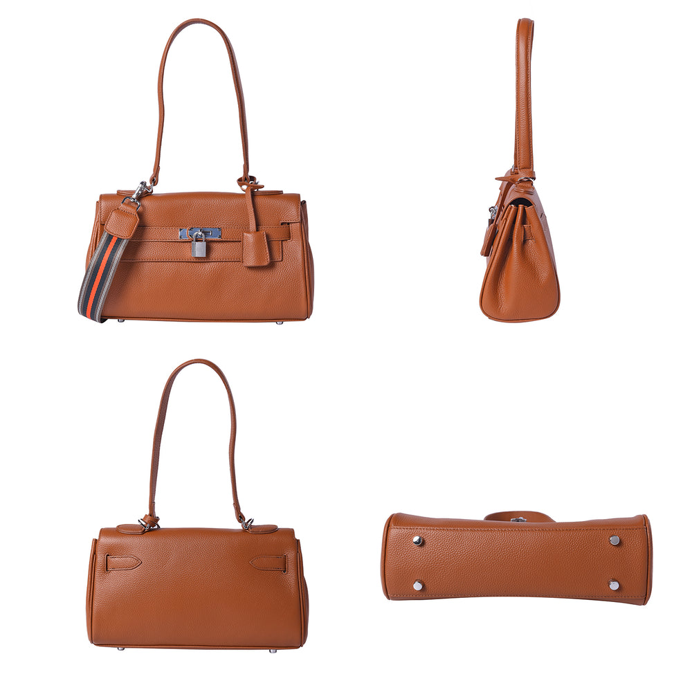 100% Genuine Leather Tote Bag with Stripe Pattern Shoulder Strap -  Brown_3697640_3