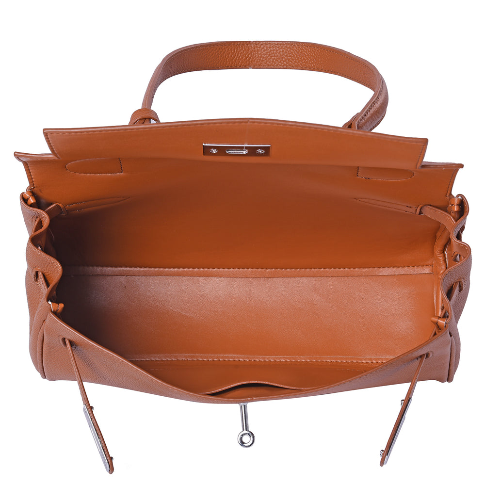 100% Genuine Leather Tote Bag with Stripe Pattern Shoulder Strap -  Brown_3697640_4