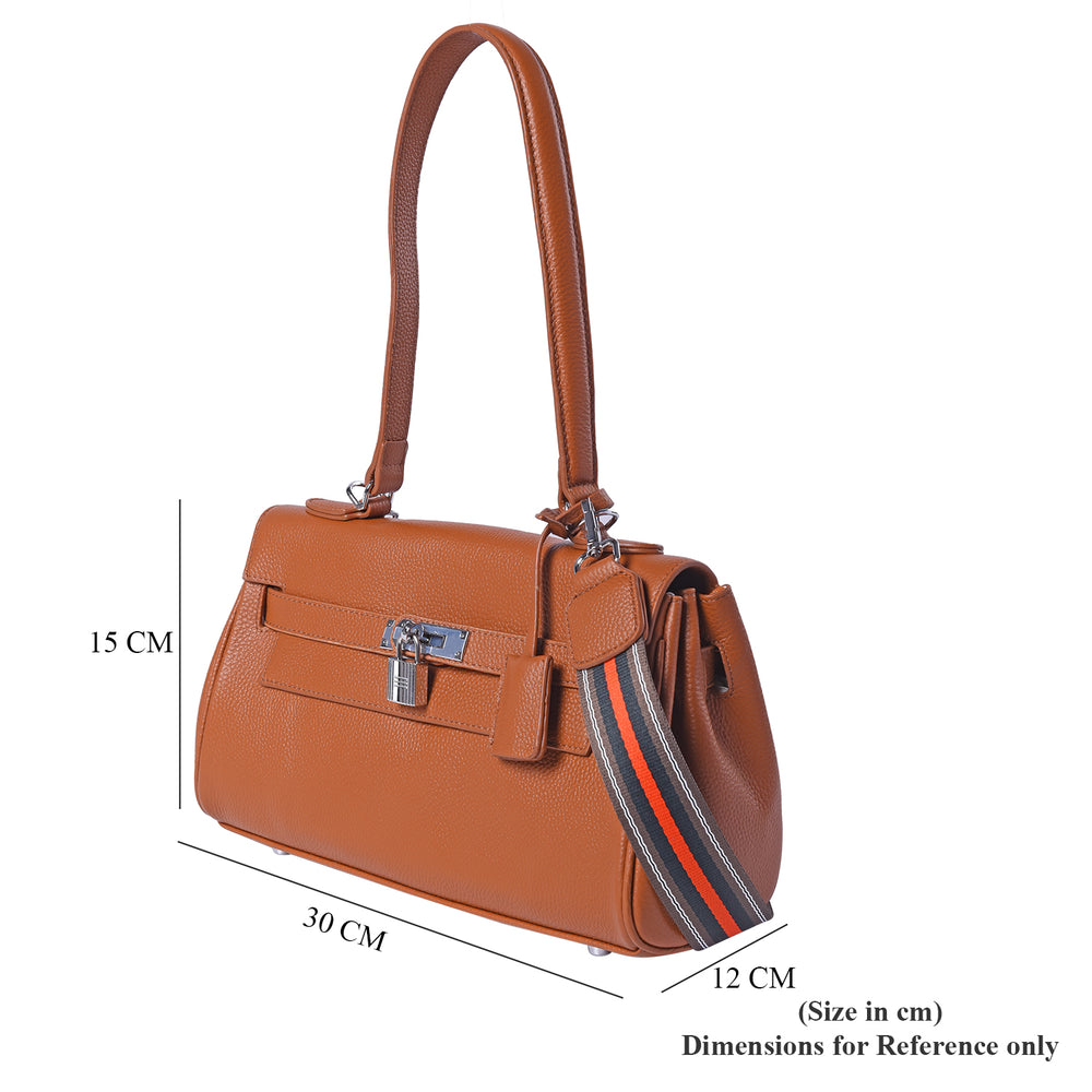 100% Genuine Leather Tote Bag with Stripe Pattern Shoulder Strap -  Brown_3697640_5
