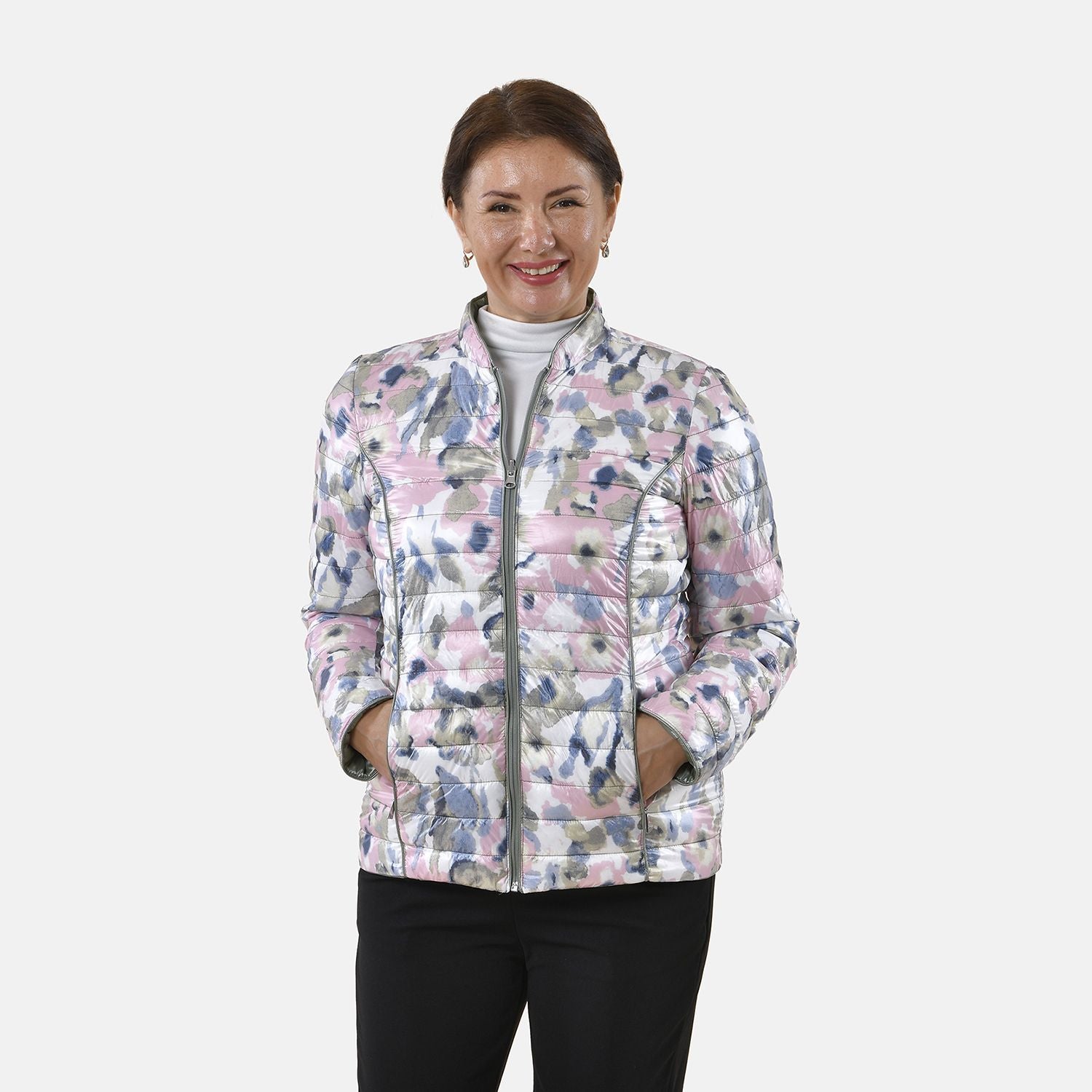 Solid Floral Pattern Reversible Padded Jacket (Size 22) - Green and Multi_3882995_4