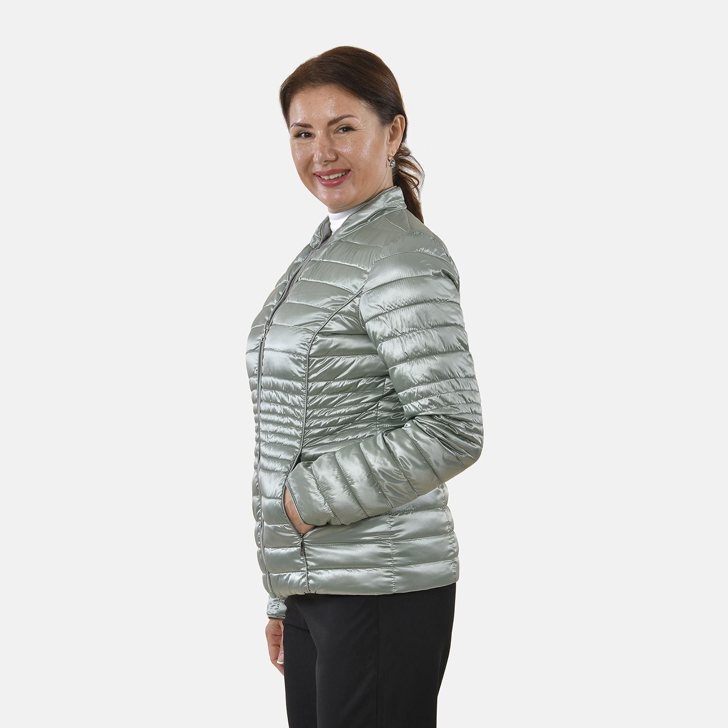 Solid Floral Pattern Reversible Padded Jacket (Size 24) - Green and Multi_3882996_2