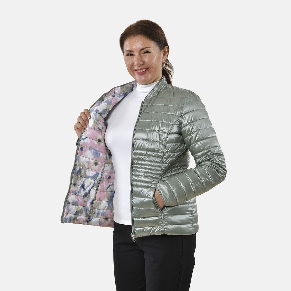 Solid Floral Pattern Reversible Padded Jacket (Size 24) - Green and Multi_3882996_3