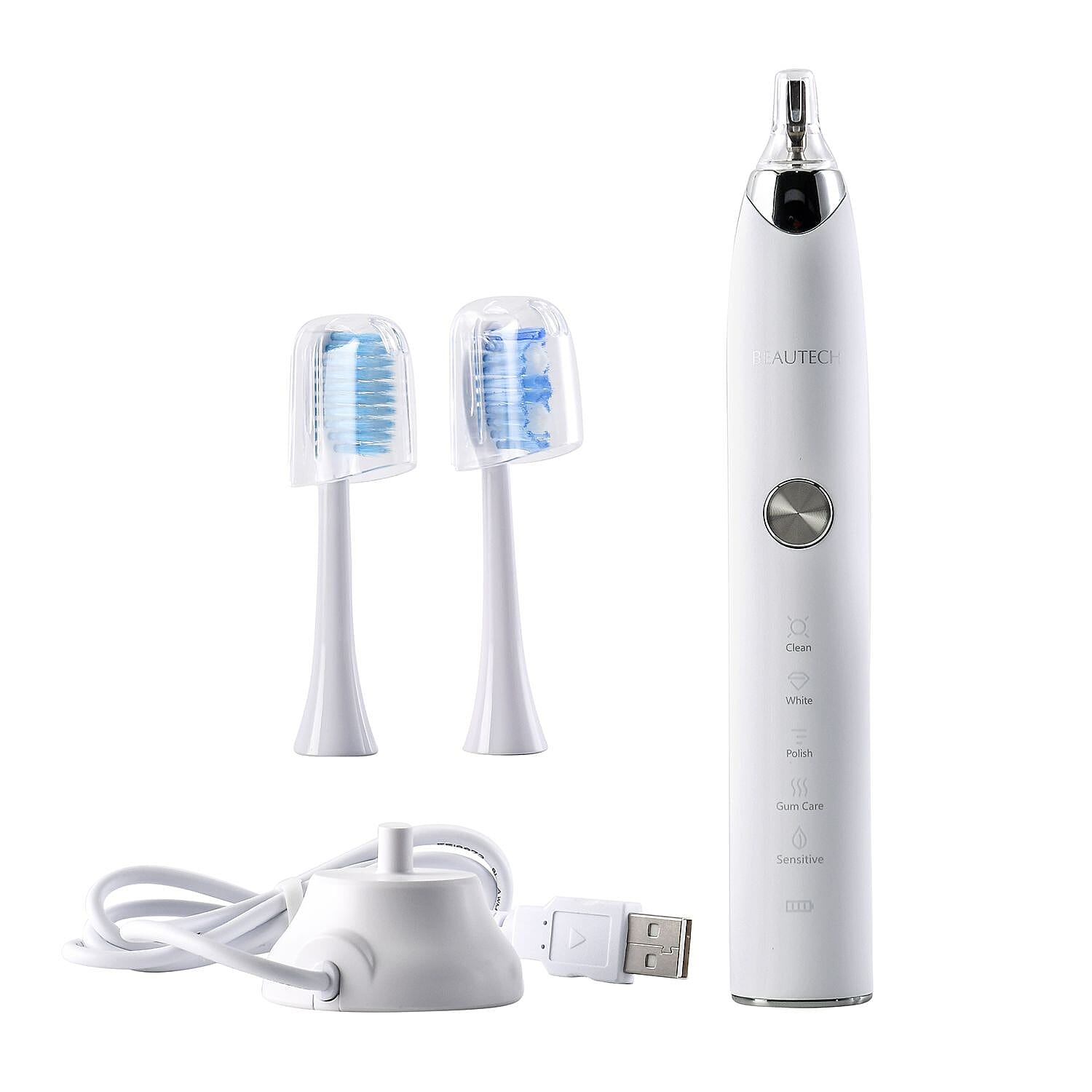 BEAUTECH Sonic Electric Rechargeable Waterproof Toothbrush with 2 Replaceable Brush Heads (5V 3W) - Pearl White.