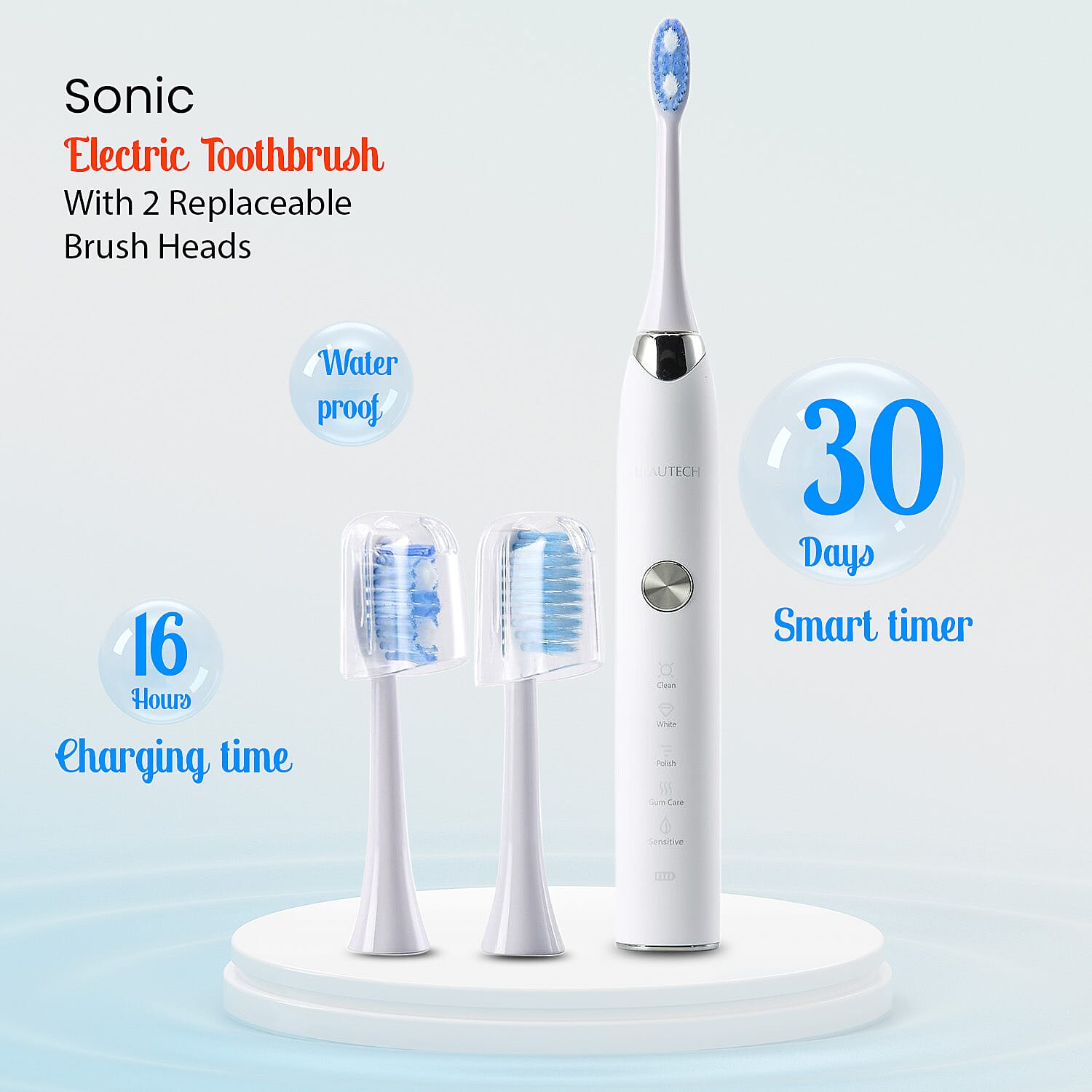 BEAUTECH Sonic Electric Rechargeable Waterproof Toothbrush with 2 Replaceable Brush Heads (5V 3W) - Pearl White.
