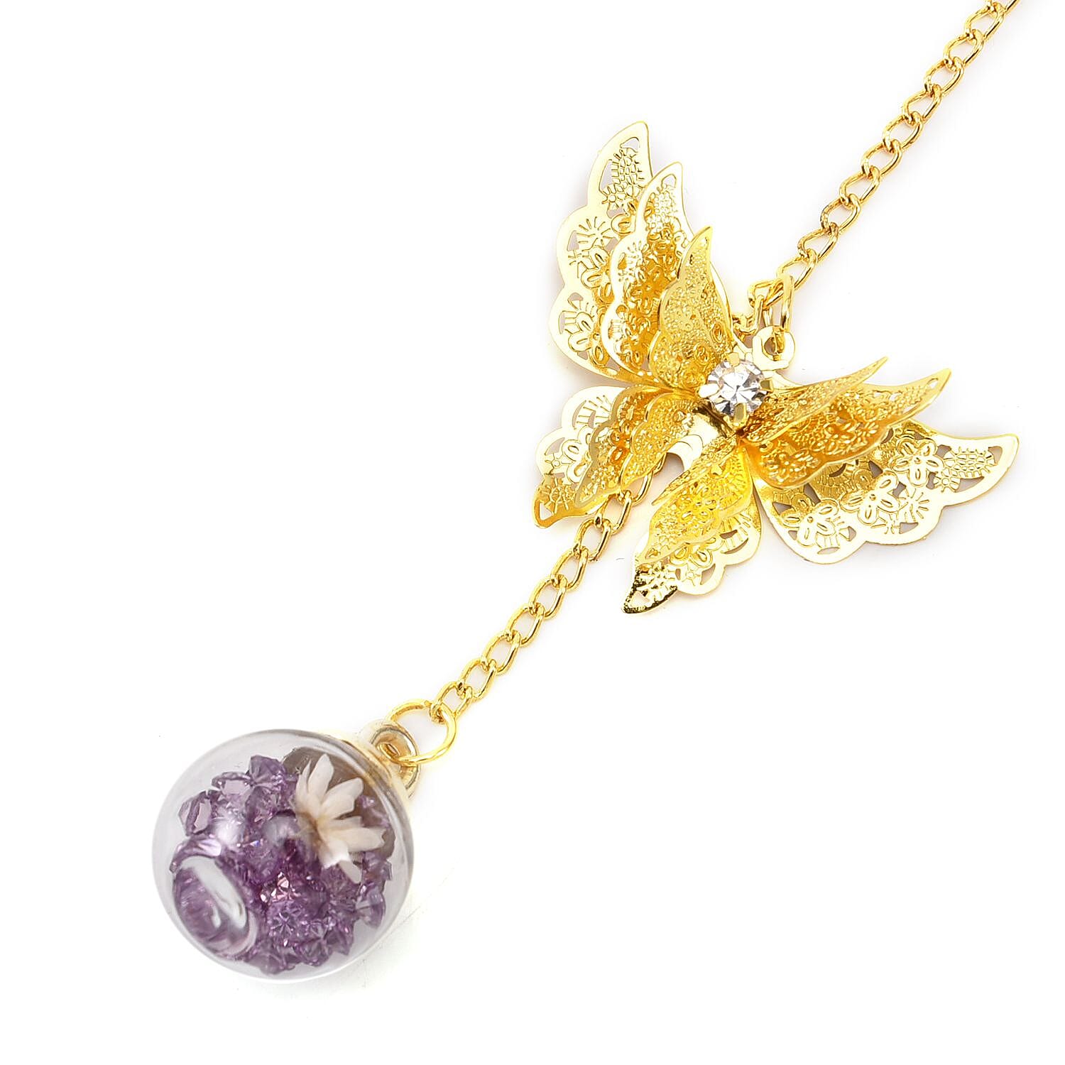 Metal Feather Bookmark with Realistic 3D Metal Butterfly and Purple Eternal Flower Glass Ball Pendant - Gold