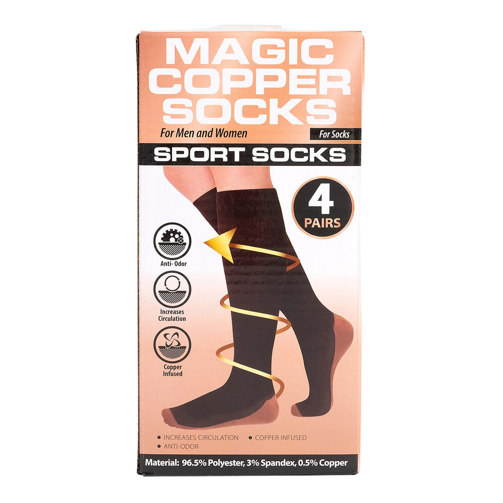 4-Pair Magic Copper Short - Long Socks (Size S-M) - Black - White with Brown