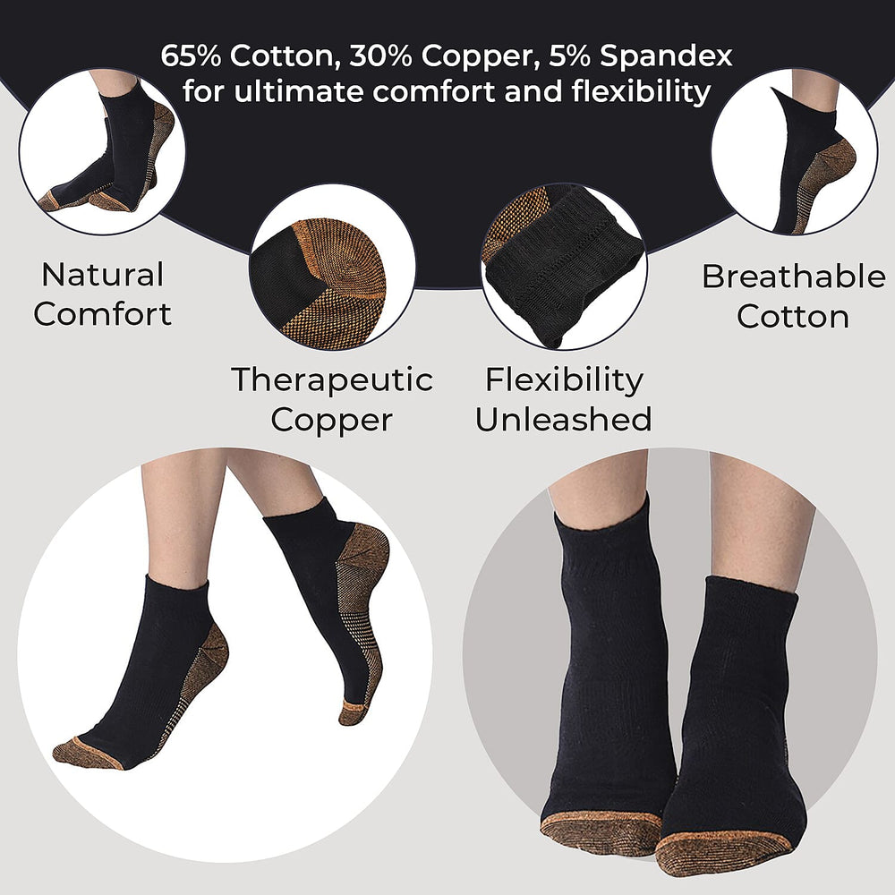 4 Pairs Antibacterial Copper Infused Compression Socks (Size S-M, 5-10) - Black