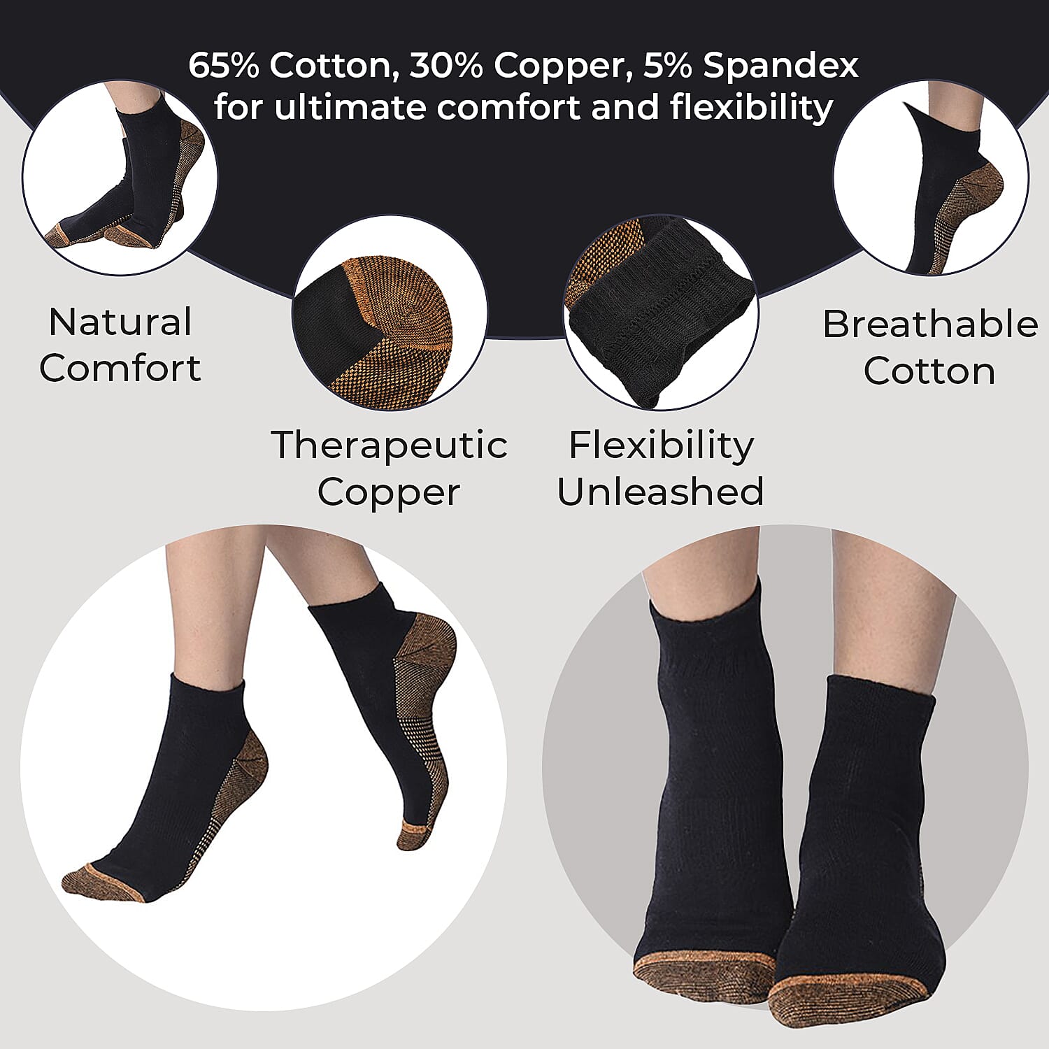 4 Pairs Antibacterial Copper Infused Compression Socks (Size S-M, 5-10) - Black