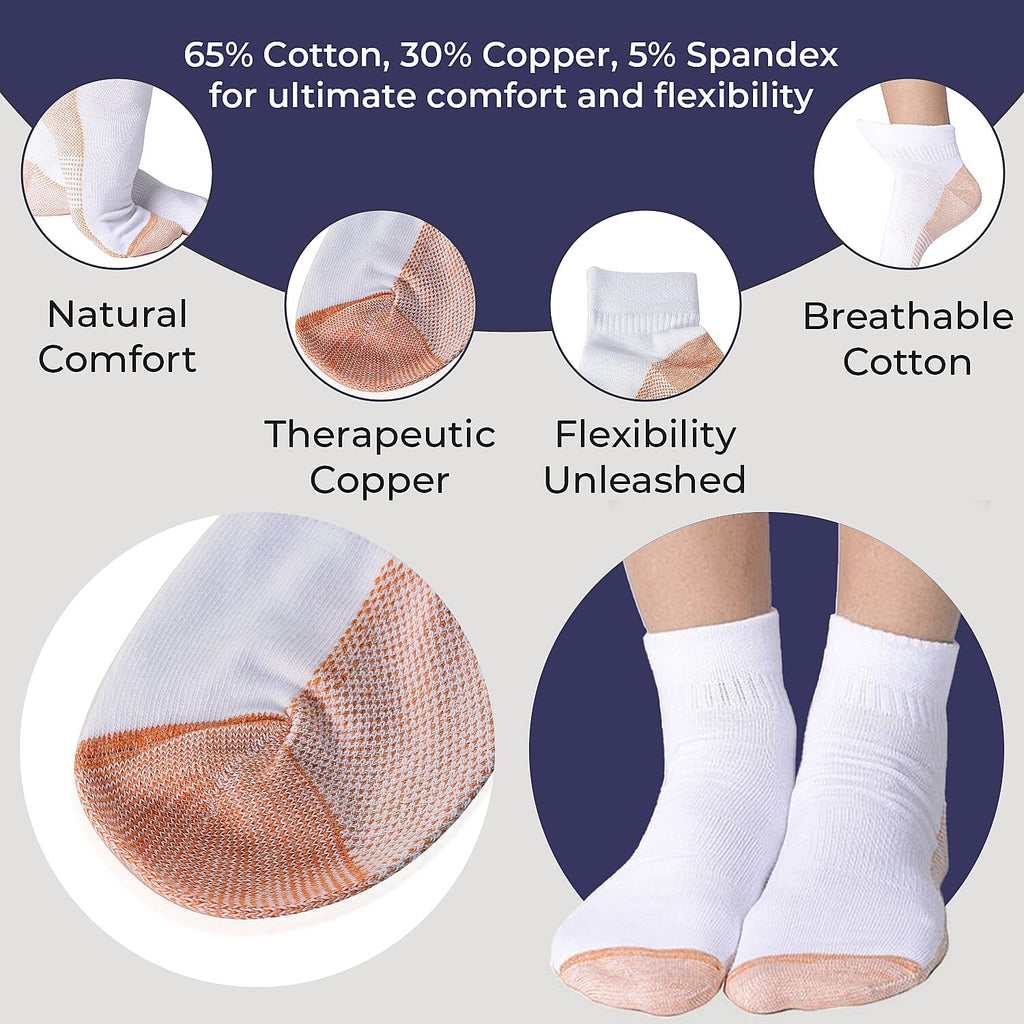 4 Pairs Antibacterial Copper Infused Compression Socks (Size S-M, 5-10) - White and Brown