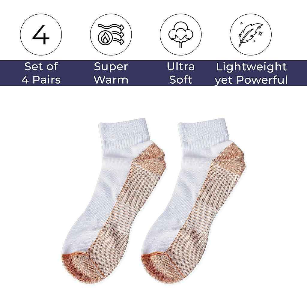 4 Pairs Antibacterial Copper Infused Compression Socks (Size S-M, 5-10) - White and Brown