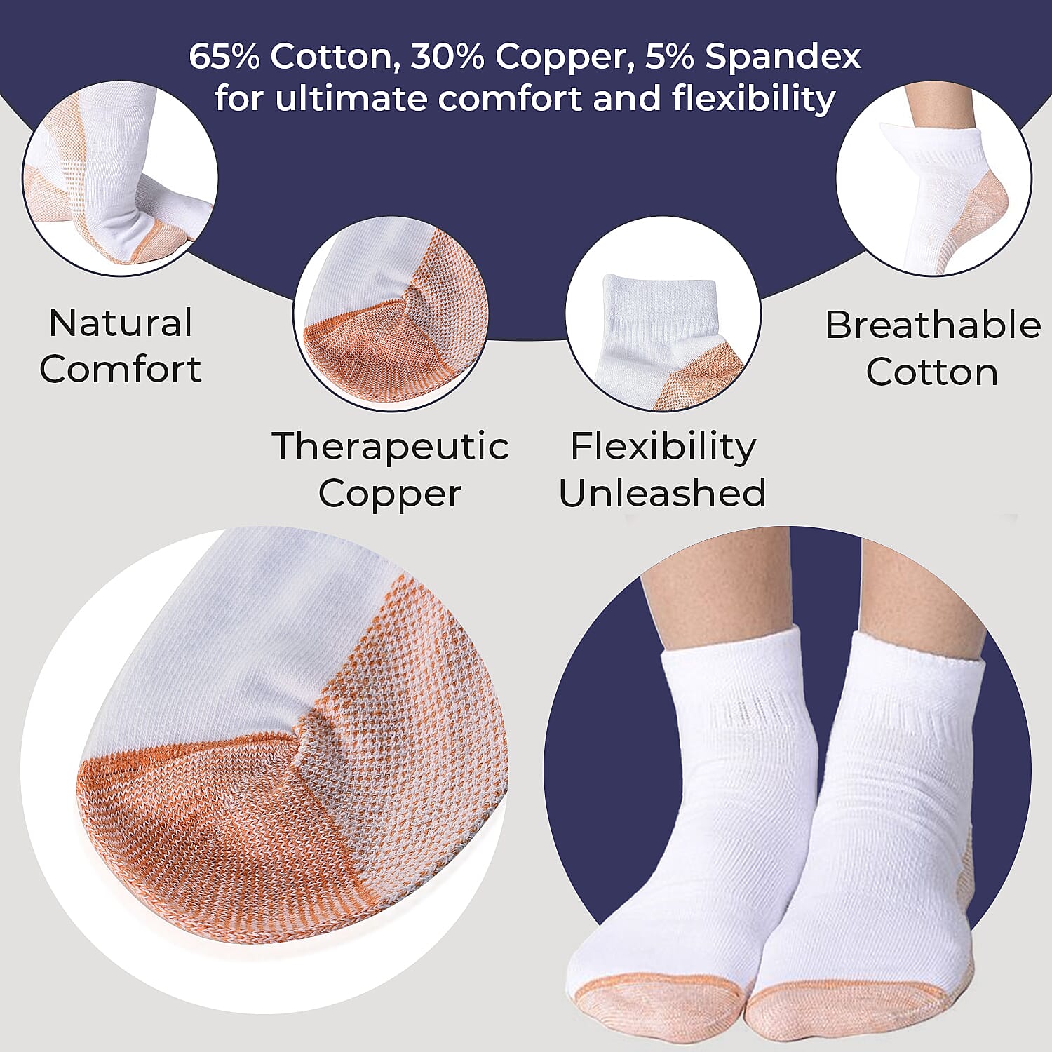 4 Pairs Antibacterial Copper Infused Compression Socks (Size S-M, 5-10) - White and Brown