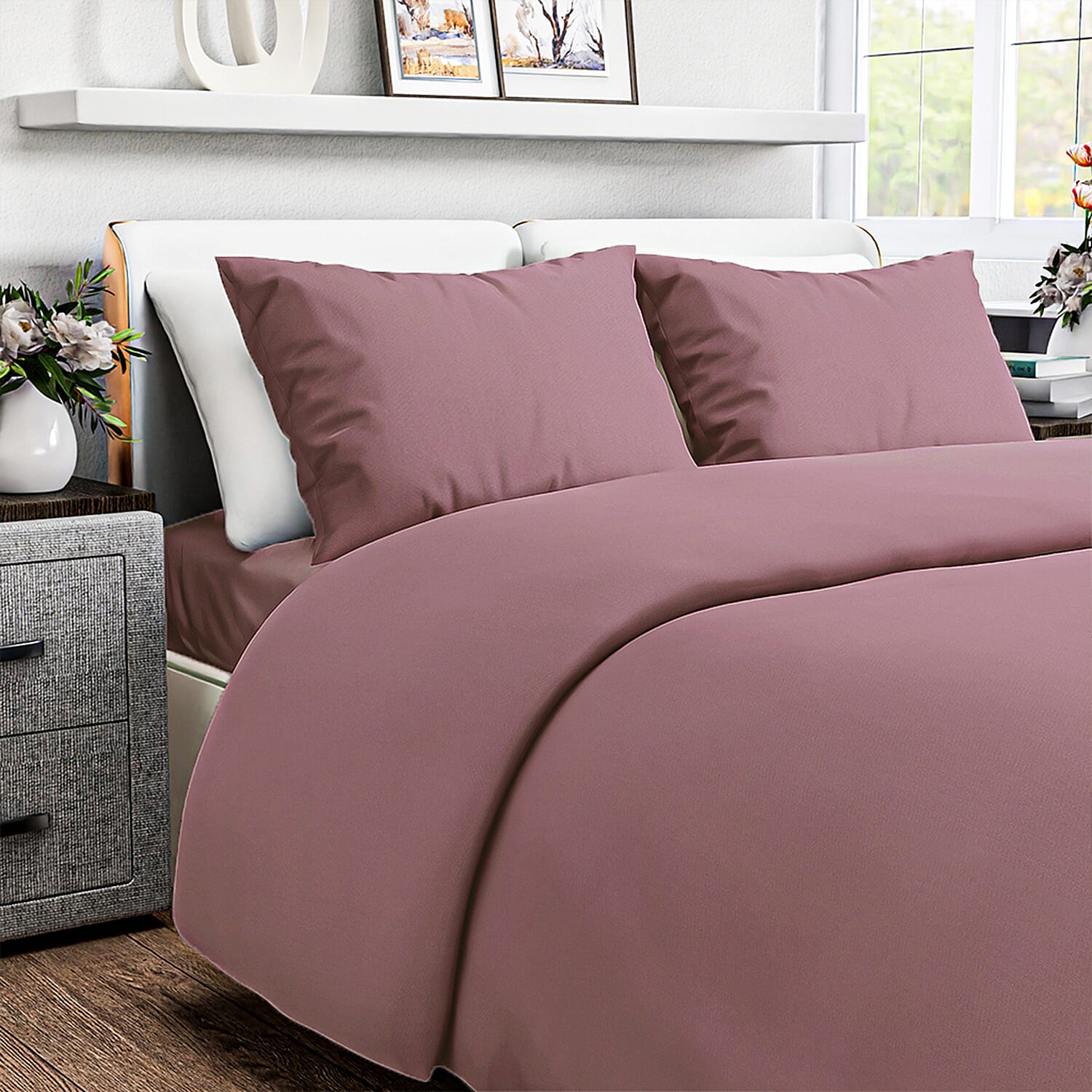 4-Piece Bamboo Bedding Set incl. Duvet Cover, Fitted Sheet & 2 Pillowcases (King) - Mauve