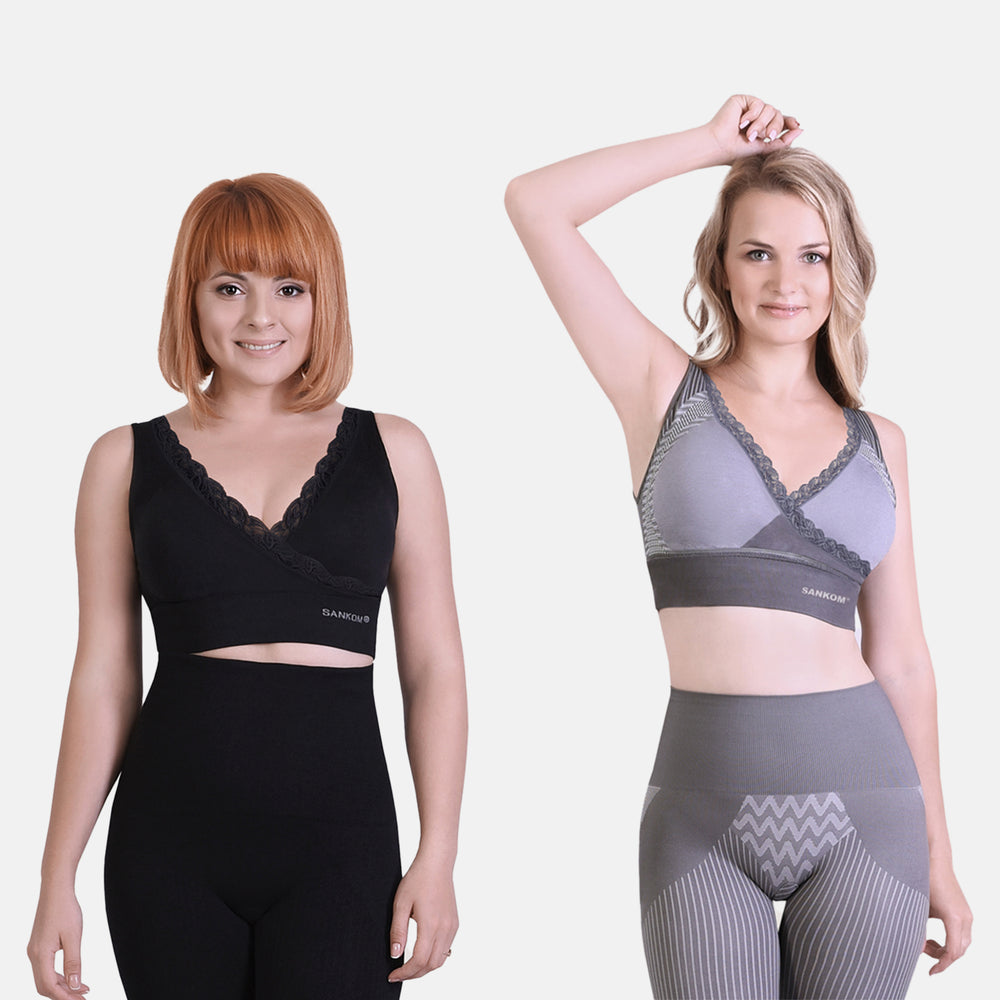 Set of 2 - SANKOM Patent Premium Bra With Lace (Size 8) - Grey (Bamboo Infused) & Black (Aloe Vera Infused)_4213963