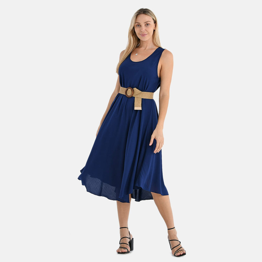 Tamsy - 100% Viscose Navy Umbrella Dress with Belt(Curve Size 20-26) - Navy_4247638