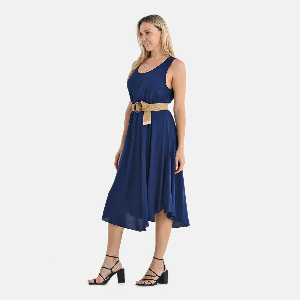 Tamsy - 100% Viscose Navy Umbrella Dress with Belt(Curve Size 20-26) - Navy_4247638_2