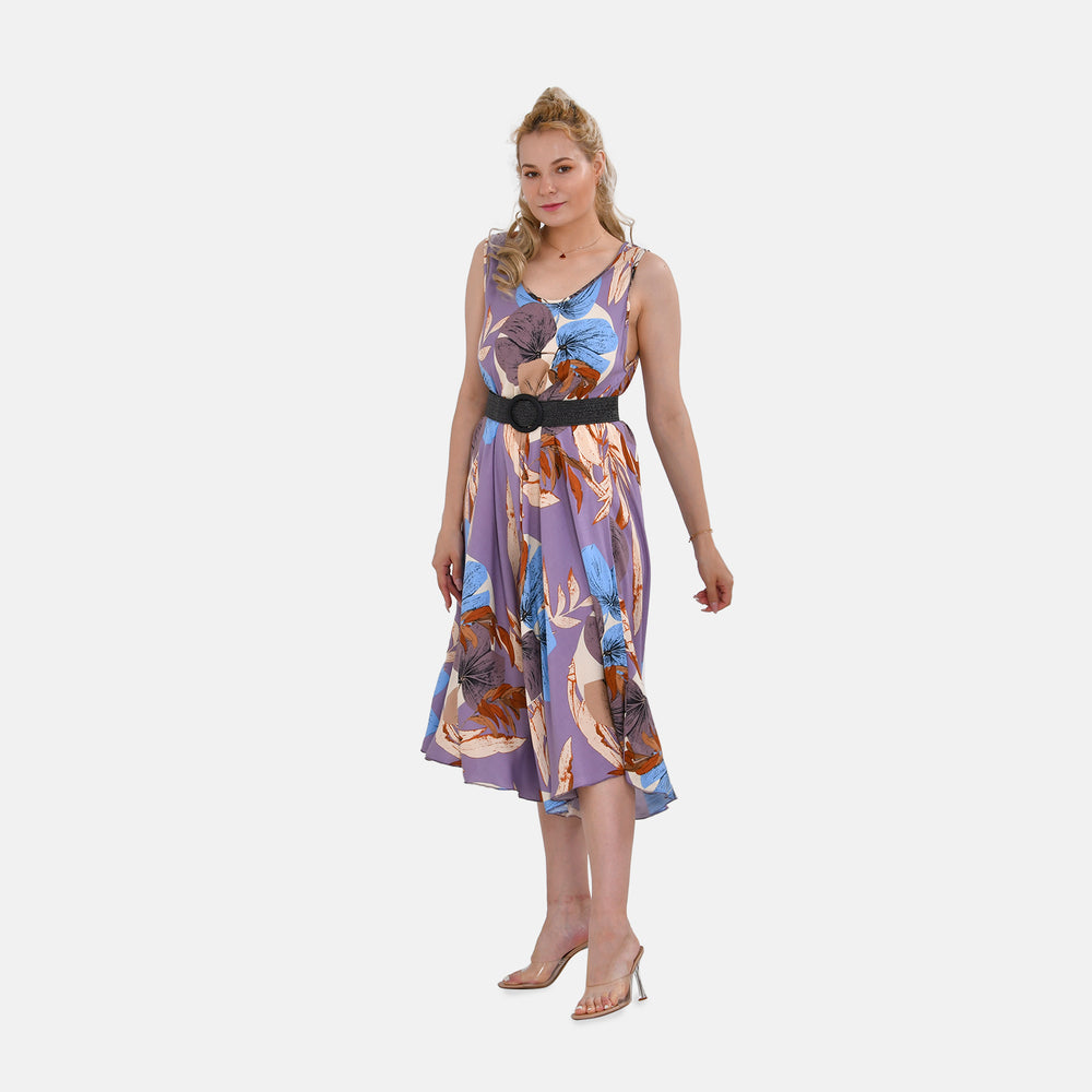 Tamsy 100% Viscose Leaves Printed Umbrella Dress with Elasticated Belt (One Size - 8 to 18) - Purple, White With Black Belt_4249137_2