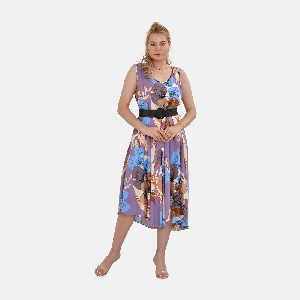 Tamsy 100% Viscose Leaves Printed Umbrella Dress with Elasticated Belt (One Size - 8 to 18) - Purple, White With Black Belt_4249137_3
