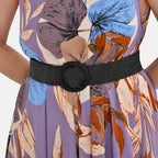 Tamsy 100% Viscose Leaves Printed Umbrella Dress with Elasticated Belt (One Size - 8 to 18) - Purple, White With Black Belt_4249137_5