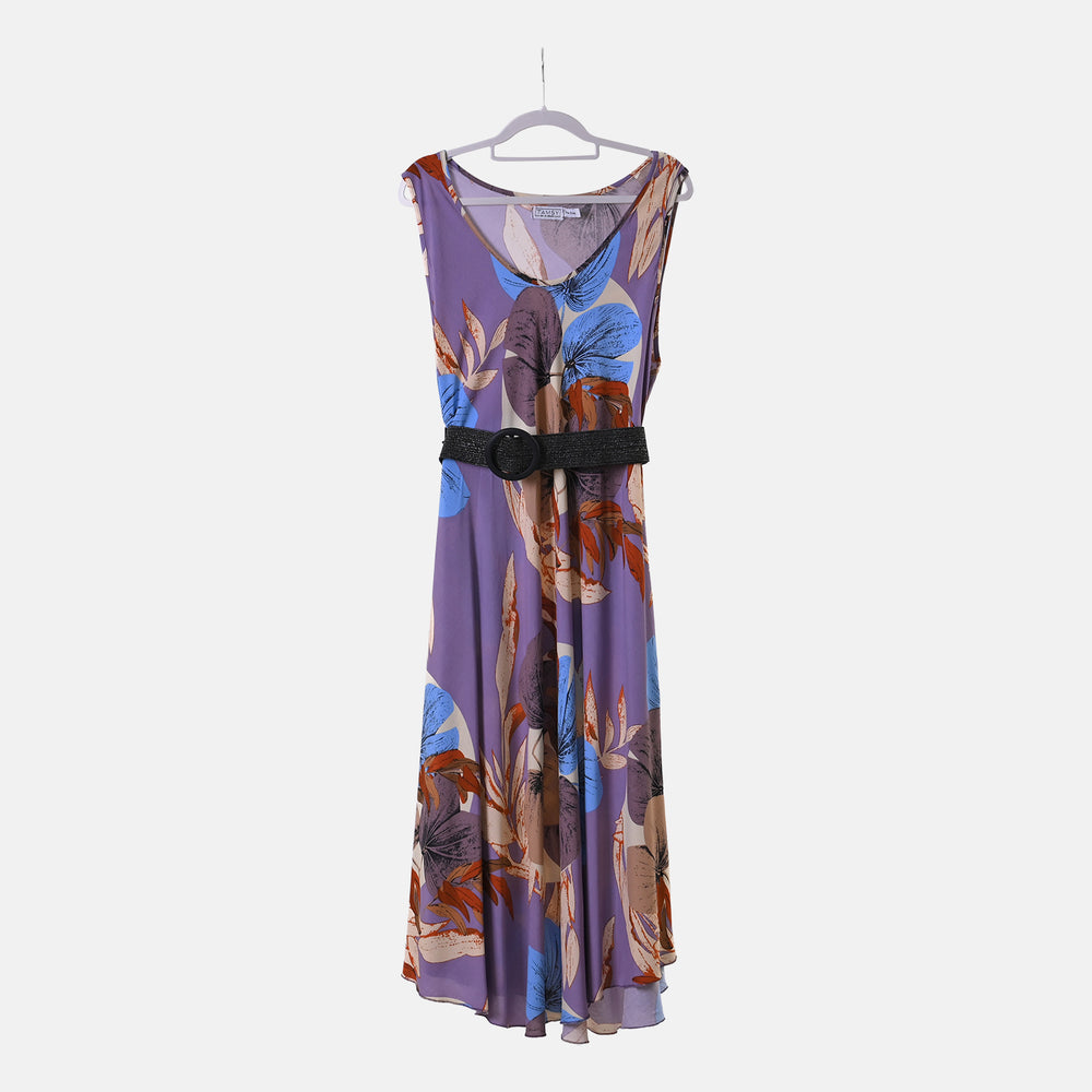Tamsy 100% Viscose Leaves Printed Umbrella Dress with Elasticated Belt (One Size - 8 to 18) - Purple, White With Black Belt_4249137_6