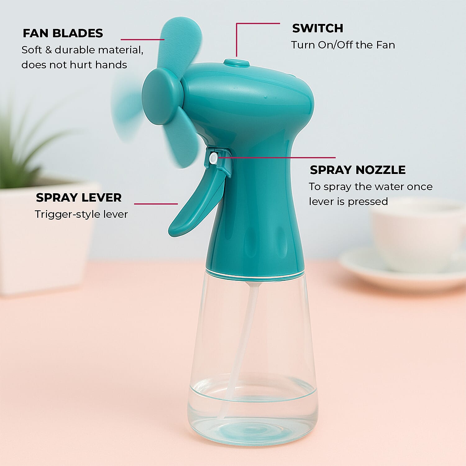 Pack of 3 Water Mist Spray Fan - Green, Blue and Pink