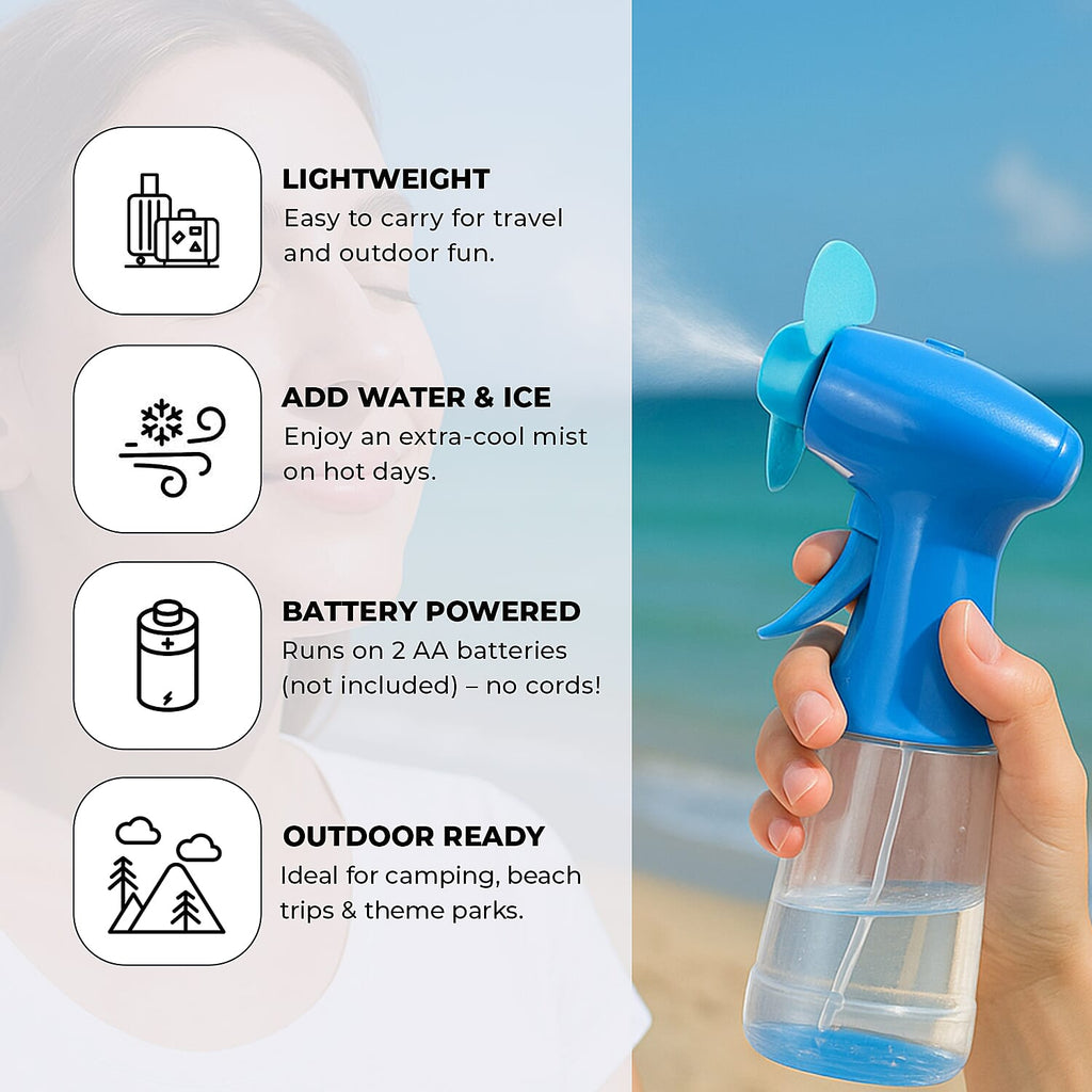 Pack of 3 Water Mist Spray Fan - Green, Blue and Pink