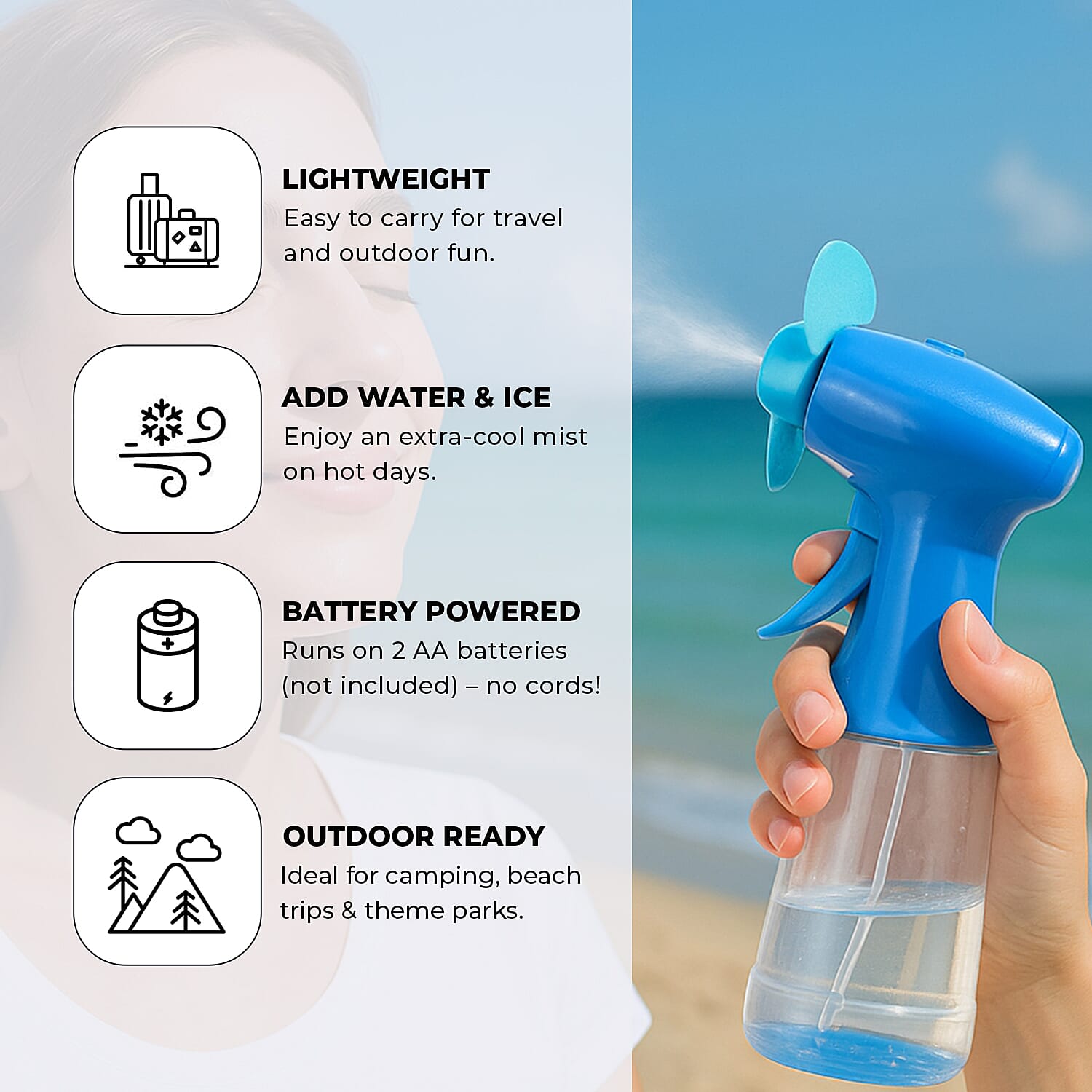 Pack of 3 Water Mist Spray Fan - Green, Blue and Pink