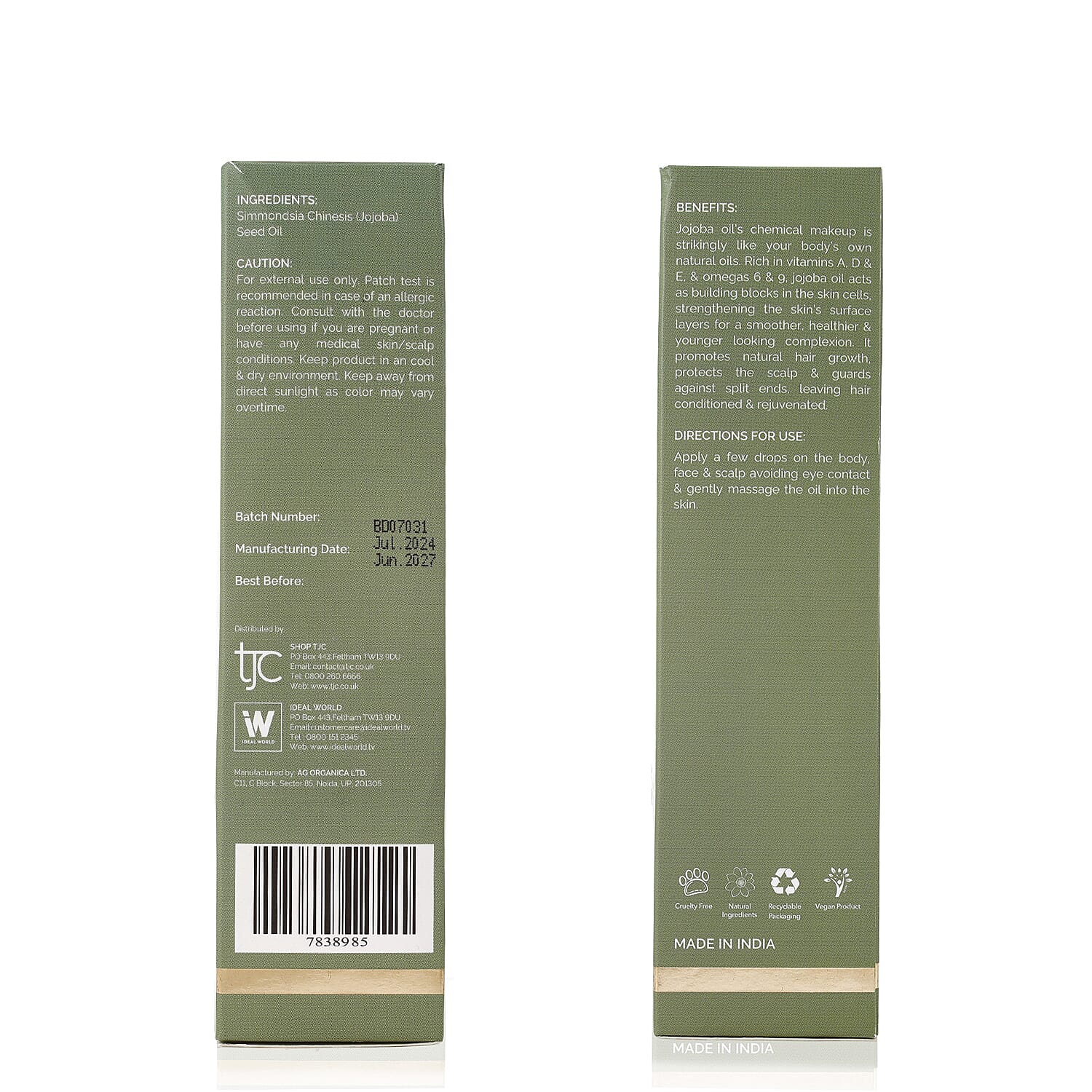 BACK IN STOCK Set of Two Pure Glo Cold Pressed Natural Jojoba Oil Volume - 100 ml each