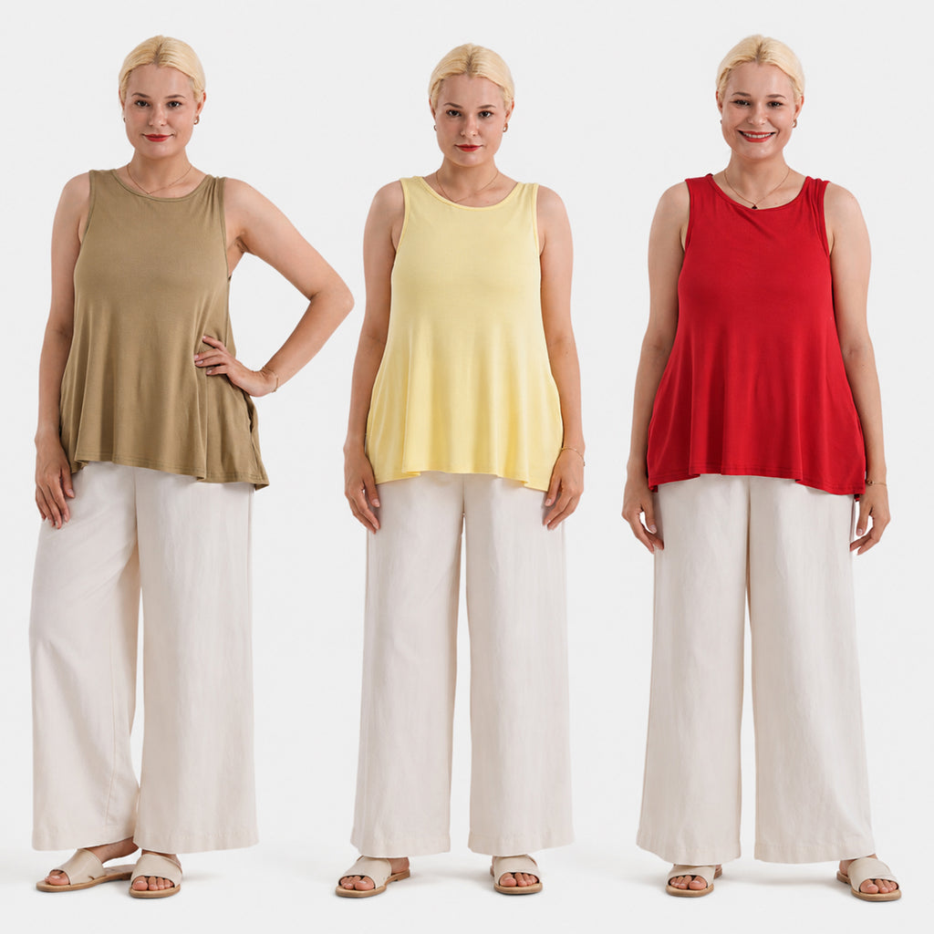 Trio Saver Deal - Styled by Round Neck Sleeveless Blouse (One Size) - Red, Yellow and Khaki Green_440001502