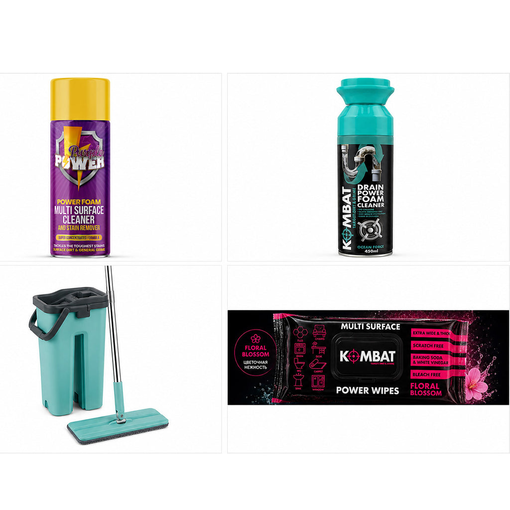 Super Saver Bundle - Purple Power Aerosol Spray - 500ml, Aqua Laser Easy Flat Mop, Kombat Pack of 100 Wipes, 100 Pack Magic Foam and Drain Cleaning Power Foam_440001515