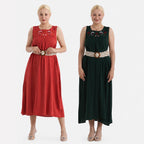 Set of 2 & Maisi Embroidered Sleeveless Umbrella Cut Dress with Braided Macrame Belt (One Size) - Bottle Green and Red_440001525