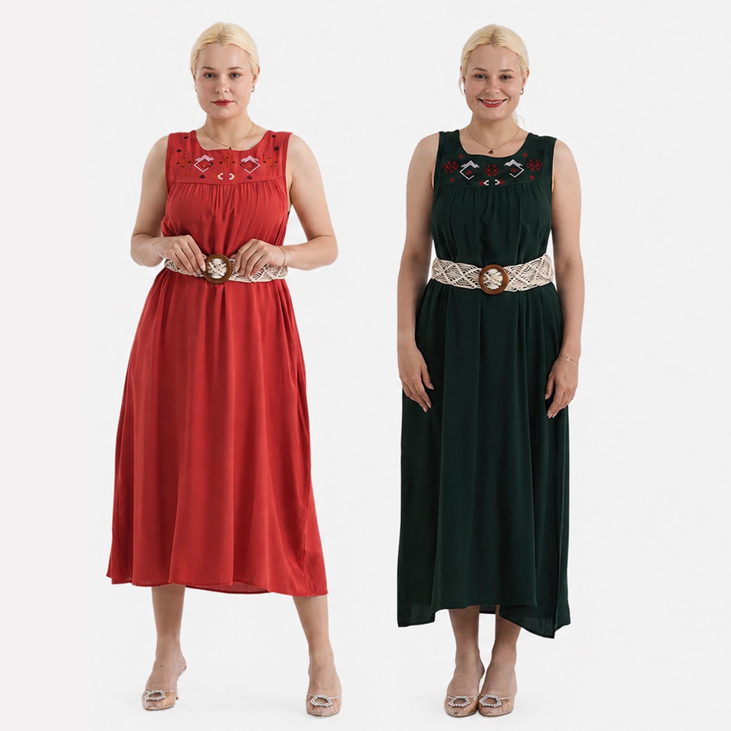 Set of 2 & Maisi Embroidered Sleeveless Umbrella Cut Dress with Braided Macrame Belt (One Size) - Bottle Green and Red_440001525
