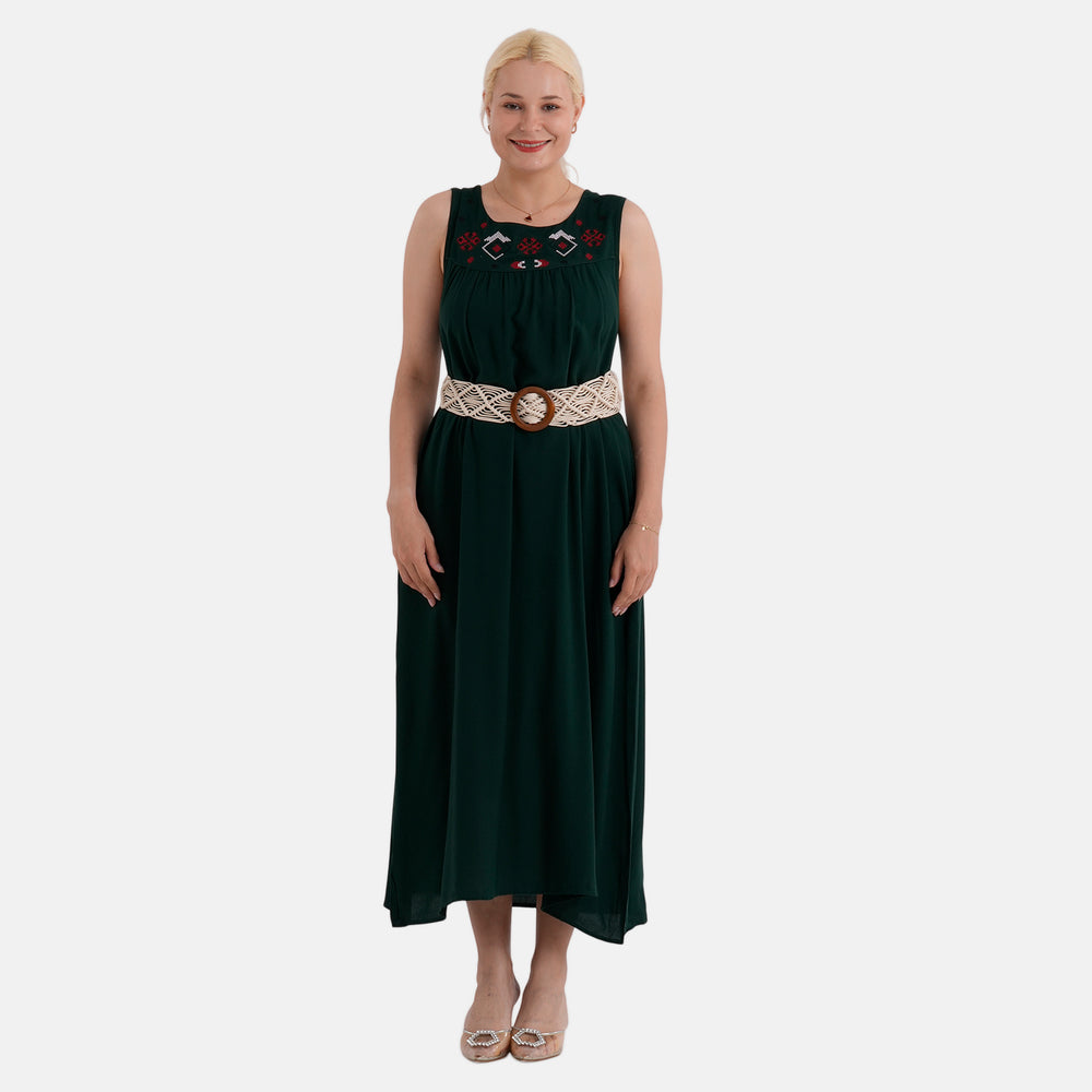 Set of 2 & Maisi Embroidered Sleeveless Umbrella Cut Dress with Braided Macrame Belt (One Size) - Bottle Green and Red_440001525