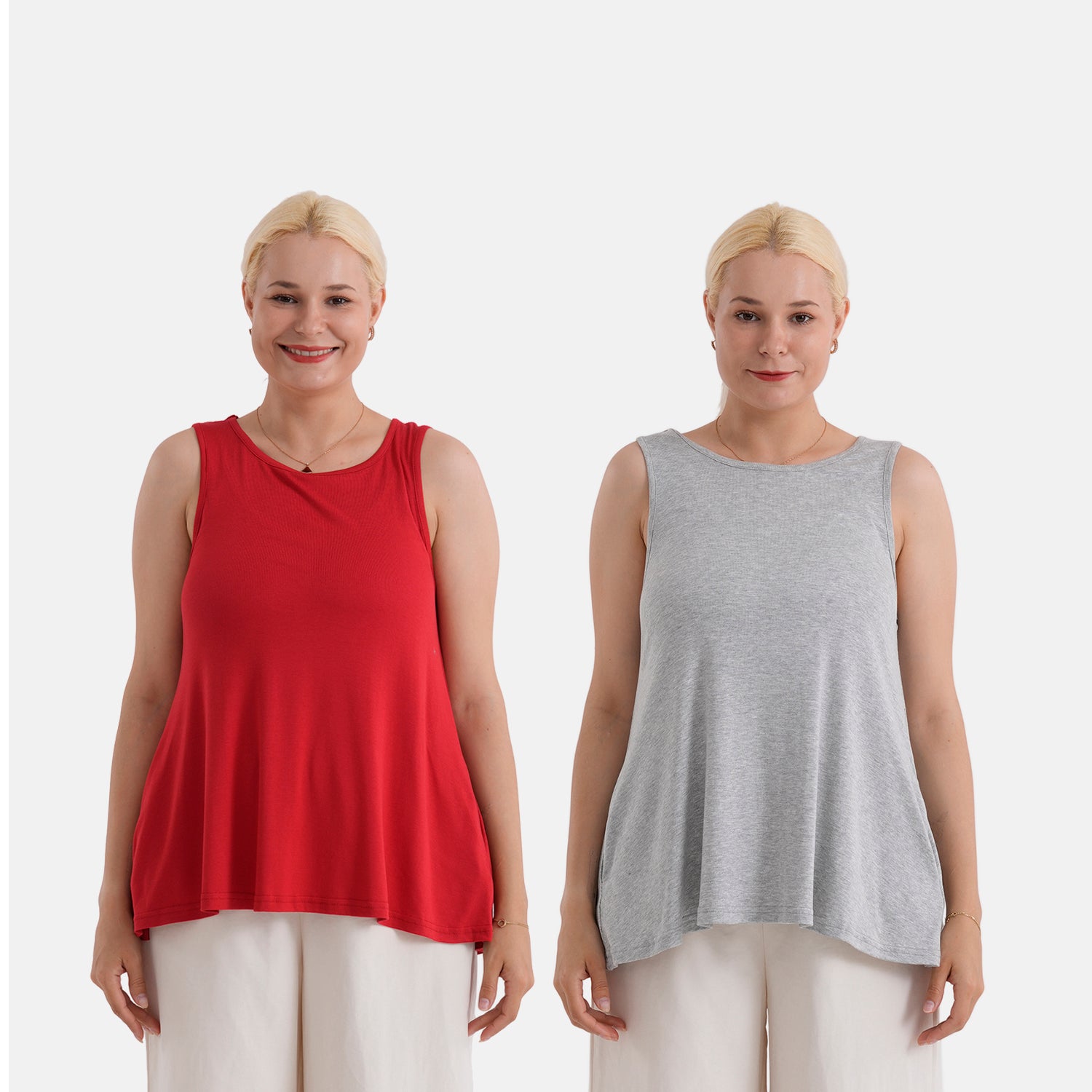 Set of 2 Styled by Round Neck Sleeveless Blouse (One Size) - Red and Grey_440001527