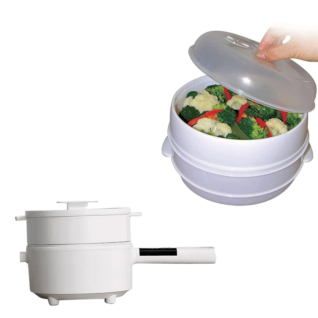 All in One Cooking Solution - Steam, Boil, Stir Fry,Deep Fry, Saute and Sear in one Pan - Ceramic Non-Stick Coating Surface Electric Multifunction Hot Pot with Steamer 1.8L with Complimentary 2 Tier M_440001528