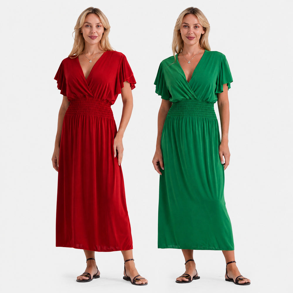 Set of 2 Dresses - & Maisi Flutter Sleeves Smocked Midi Dress (One Size Curve) - Red and Green_440001537