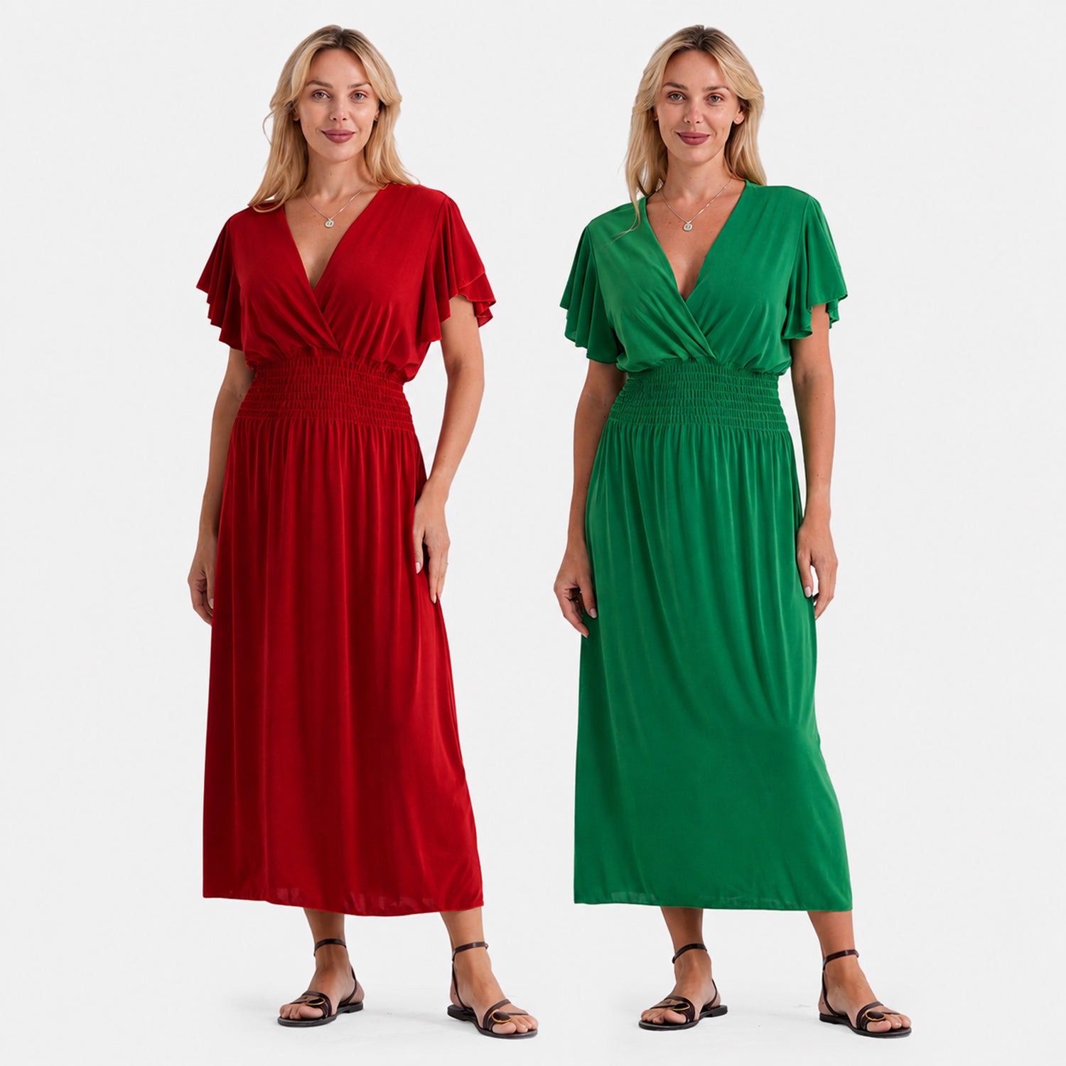 Set of 2 Dresses - & Maisi Flutter Sleeves Smocked Midi Dress (One Size Curve) - Red and Green_440001537